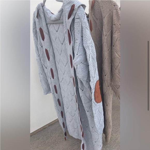 Bohemian Cable Knit Grey Lace Long Hood Gray Boho Grey Cardigan Elbow Patches - Picture 5 of 7